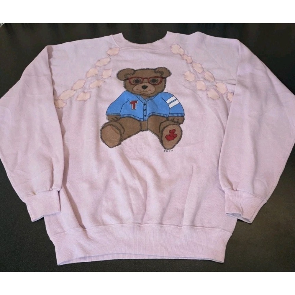 Vintage '85 Hanes Crewneck Pullover Pink Bear Leather Detail Barbie USA‎ Made